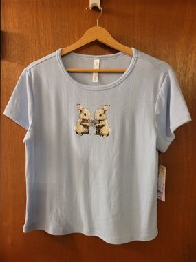 wild fable Light Blue Ribbed Short Sleeve Sleep Tee with Bunny Print
